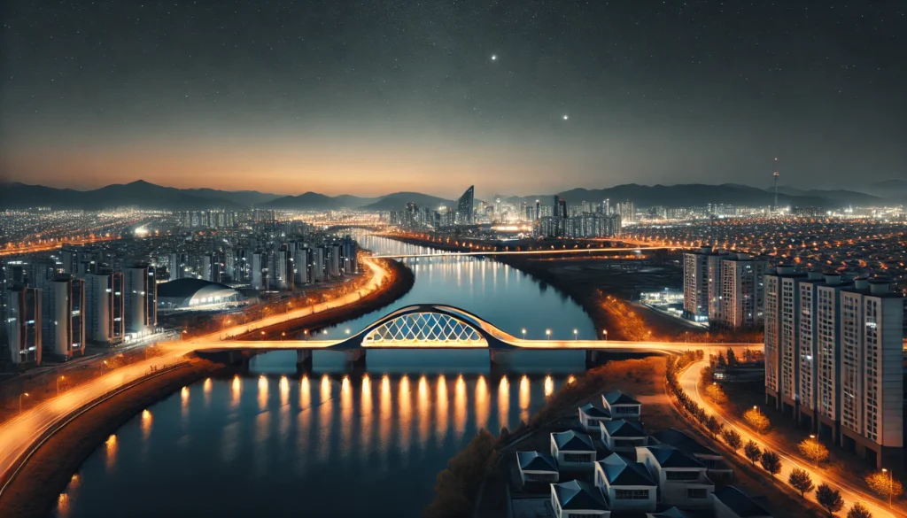 대전 휴게텔: 최고의 프라이빗 휴식 공간 추천 1 대전 휴게텔-조용한 밤, 대전의 엑스포 다리와 갑천이 은은한 조명에 빛나고, 멀리서 보이는 도심 스카이라인이 평온한 분위기를 자아낸다.
